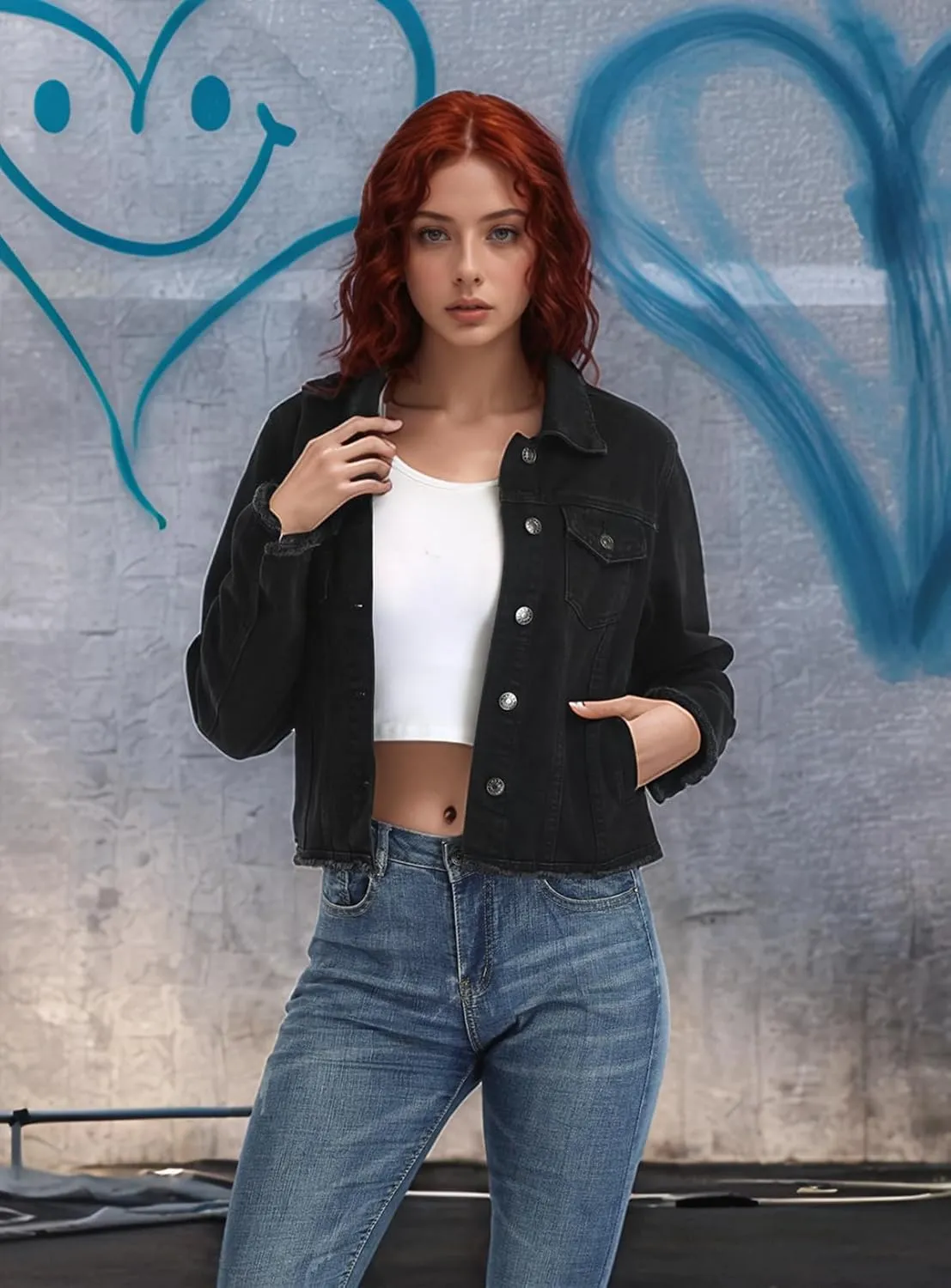 MISS MOLY Jean Jacket Womens Frayed Washed Button Up Cropped Denim Jacket w 2 Side Pockets