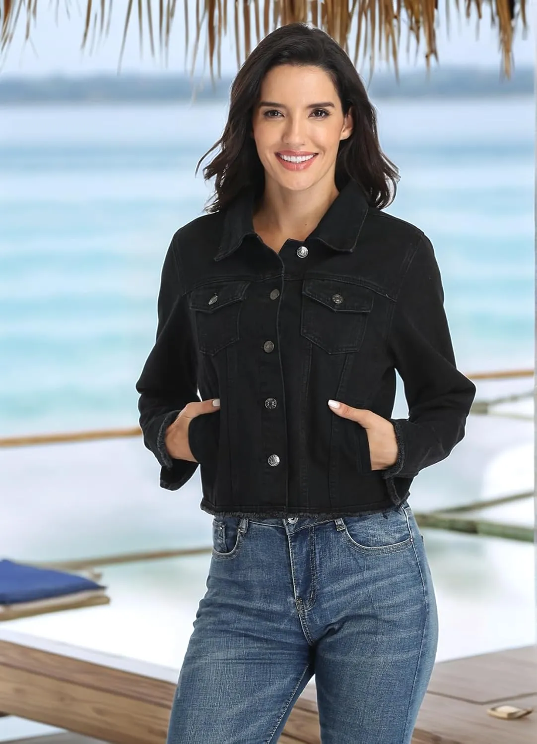 MISS MOLY Jean Jacket Womens Frayed Washed Button Up Cropped Denim Jacket w 2 Side Pockets