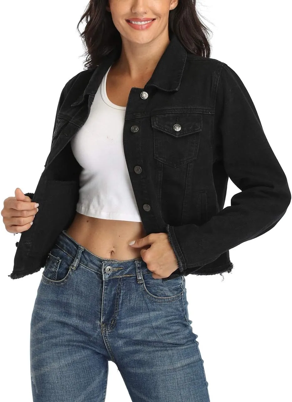 MISS MOLY Jean Jacket Womens Frayed Washed Button Up Cropped Denim Jacket w 2 Side Pockets