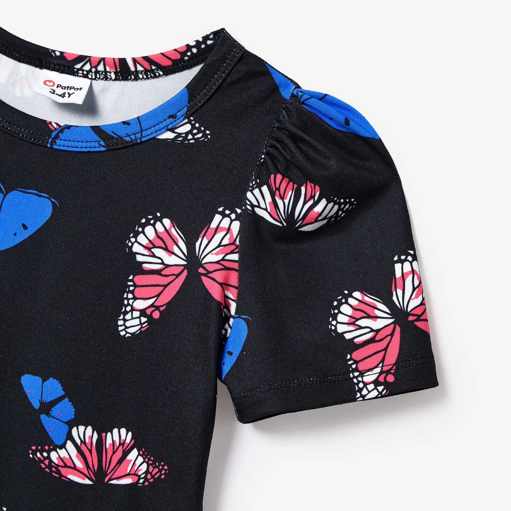 Mommy and Me Butterfly Pattern Body-con Puff Sleeve Dresses