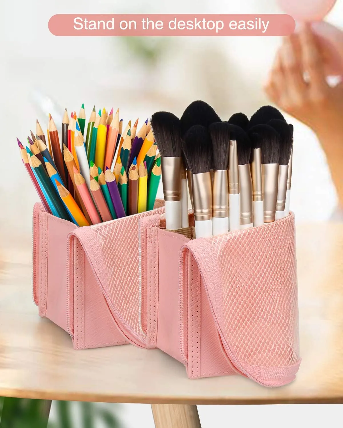 MONSTINA Makeup Brush Organizer - Professional Stand-up Makeup Brush Holder Case (Pink)