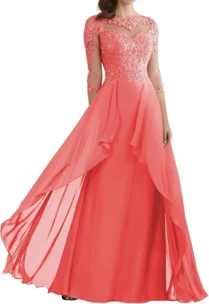 Mother of The Bride Dresses for Wedding A Line Half Sleeve Long Chiffon Lace Appliques Formal Evening Dress