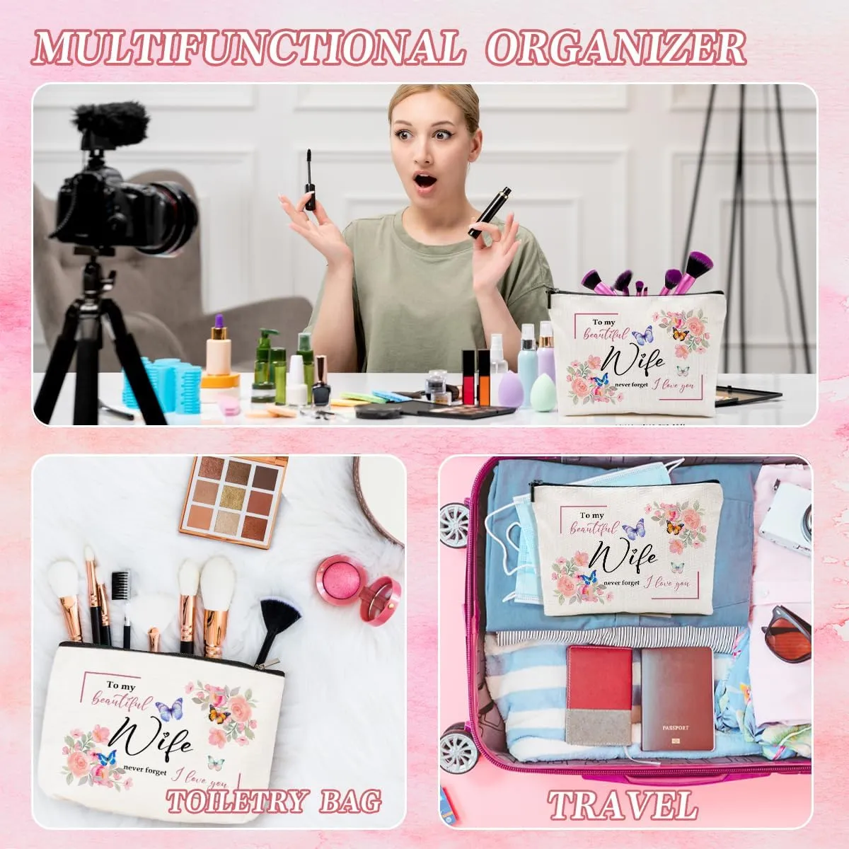 Mothers Day Gift for Wife - Floral Makeup Bag, Unique Present, Cute Cosmetic Bag, Funny Aesthetic Travel Accessories Zipper Organizer