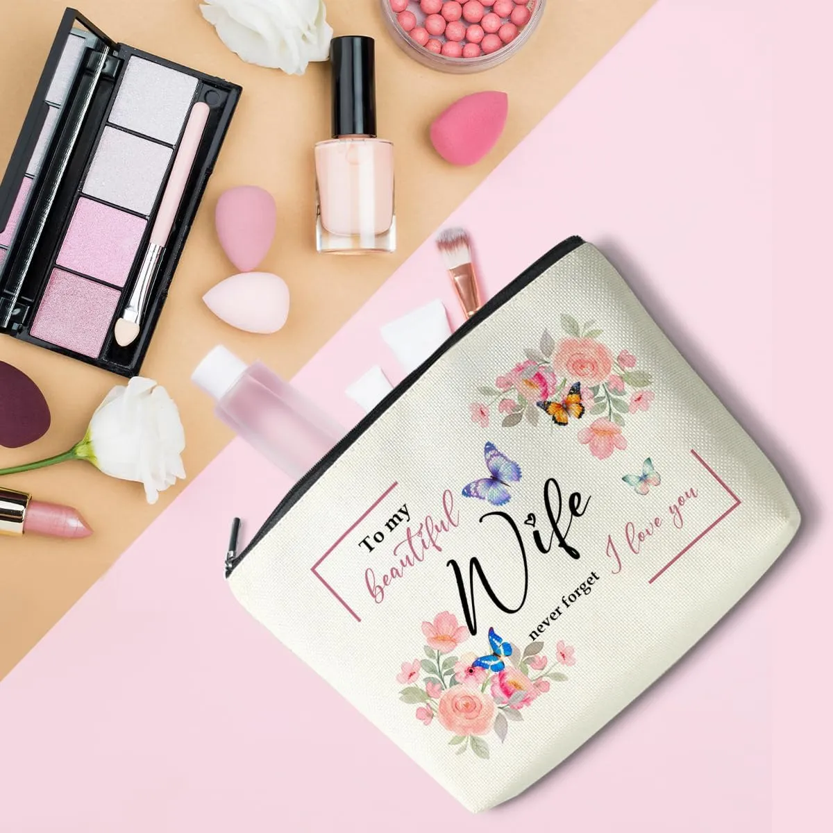 Mothers Day Gift for Wife - Floral Makeup Bag, Unique Present, Cute Cosmetic Bag, Funny Aesthetic Travel Accessories Zipper Organizer
