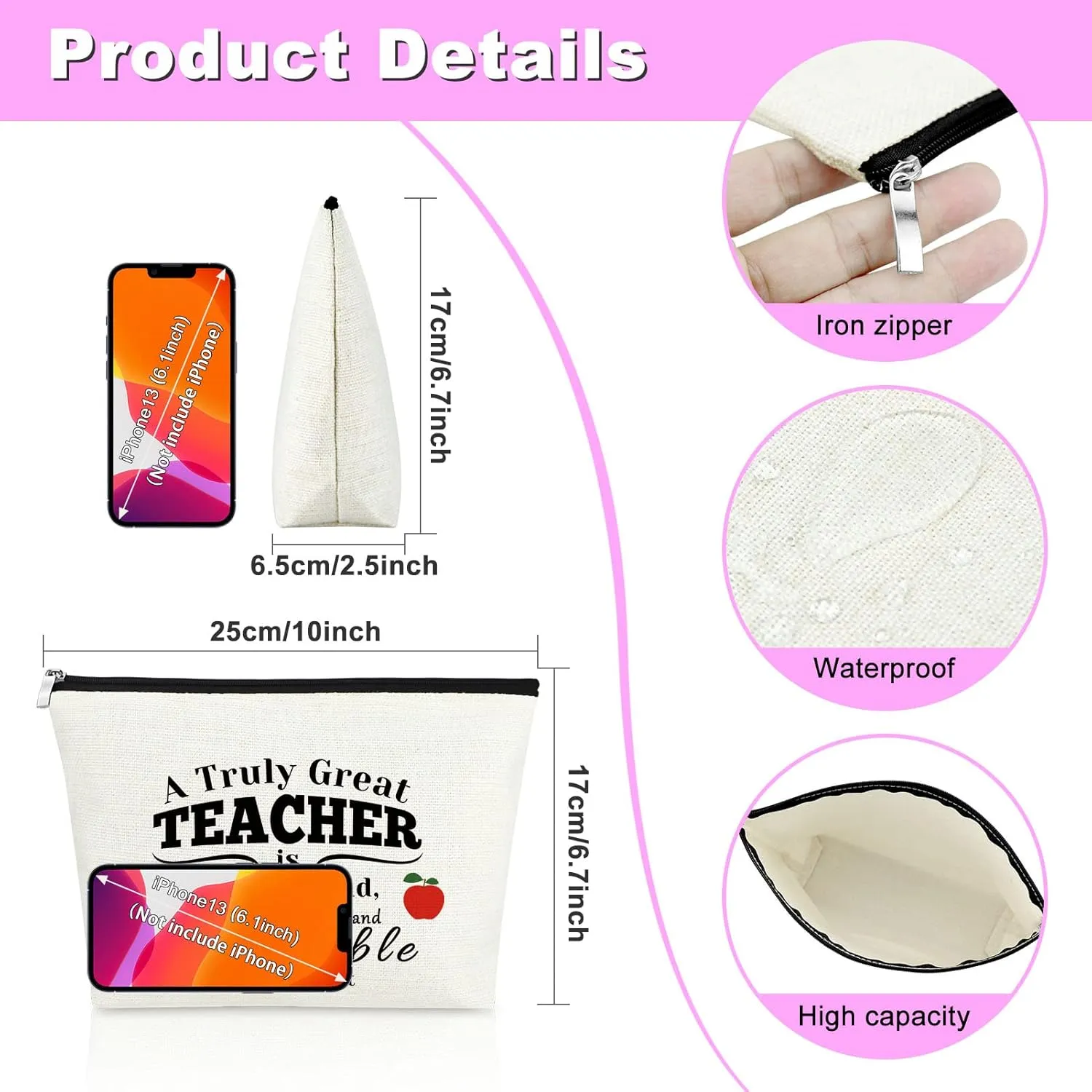 Mxrymvu Teacher Makeup Bag Teacher Appreciation Gift Thank You Present Cosmetic Bag Retirement Gifts for Women Christmas Birthday Teachers Day Thanksgiving Graduation Present