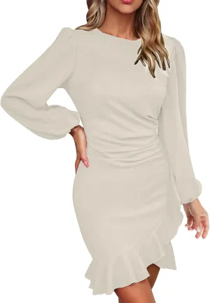 NATHGAM Women Bodycon Mini Dress Elegant Ruched Puff Sleeve Ruffle Hem Crewneck Dress Cocktail Party Work Office Pencil Dress