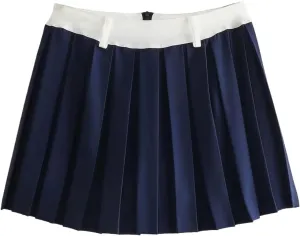 Navy Blue Pleated Mini Skirt for Women Vintage High Waist Preppy Style Spring/Summer