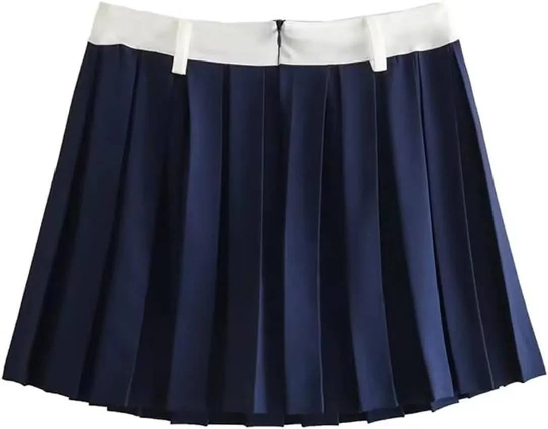 Navy Blue Pleated Mini Skirt for Women Vintage High Waist Preppy Style Spring/Summer