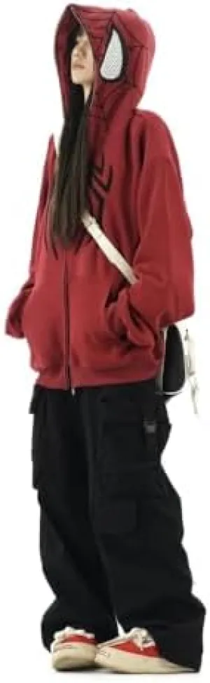 Obenie Y2k Spider Print Hoodies Hip Hop Zipper Long Sleeve Jacket Coats Harajuku Casual Loose Hooded Sweatshirt
