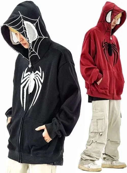 Obenie Y2k Spider Print Hoodies Hip Hop Zipper Long Sleeve Jacket Coats Harajuku Casual Loose Hooded Sweatshirt