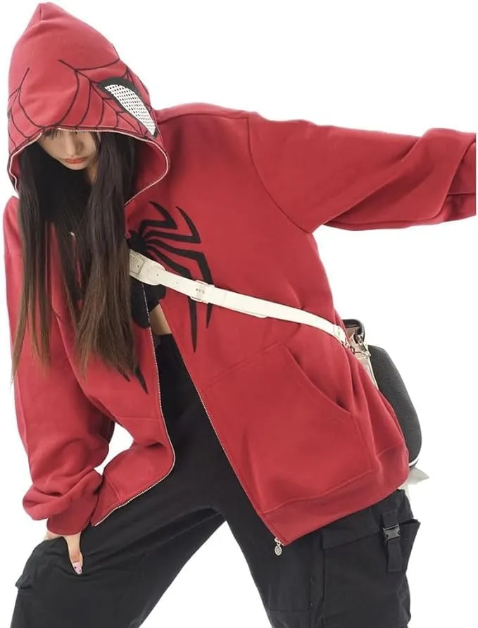 Obenie Y2k Spider Print Hoodies Hip Hop Zipper Long Sleeve Jacket Coats Harajuku Casual Loose Hooded Sweatshirt