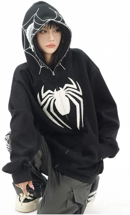 Obenie Y2k Spider Print Hoodies Hip Hop Zipper Long Sleeve Jacket Coats Harajuku Casual Loose Hooded Sweatshirt