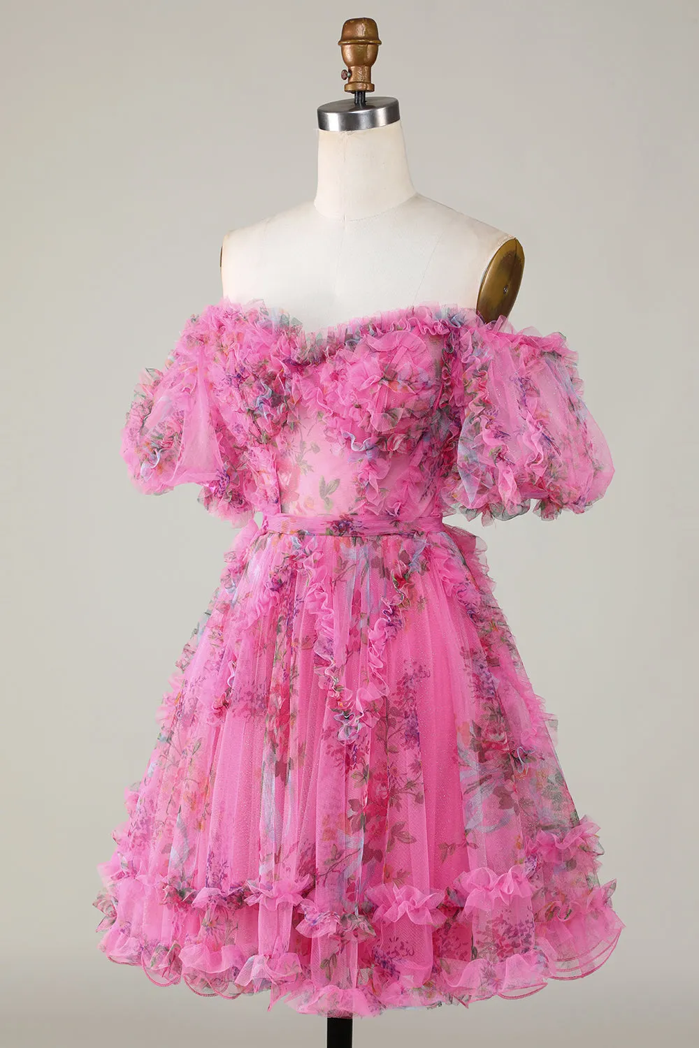 Off-the-Shoulder Floral Print Homecoming Dress