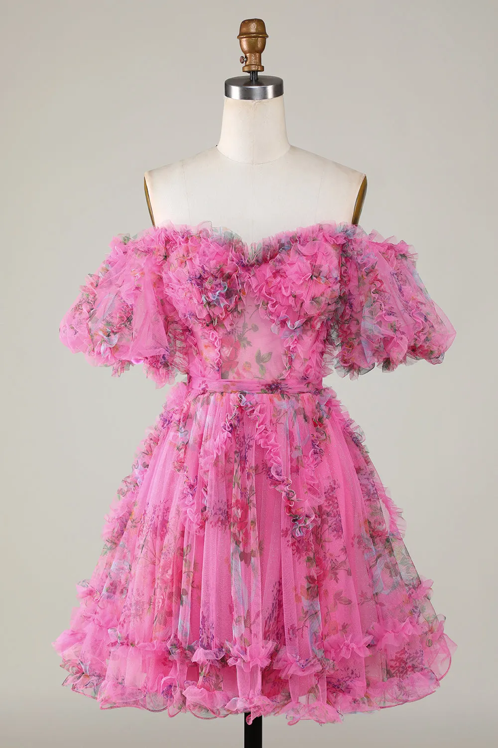 Off-the-Shoulder Floral Print Homecoming Dress