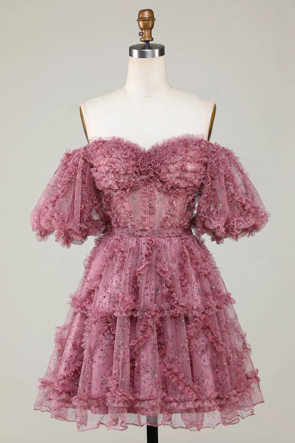 Off-the-Shoulder Floral Print Homecoming Dress