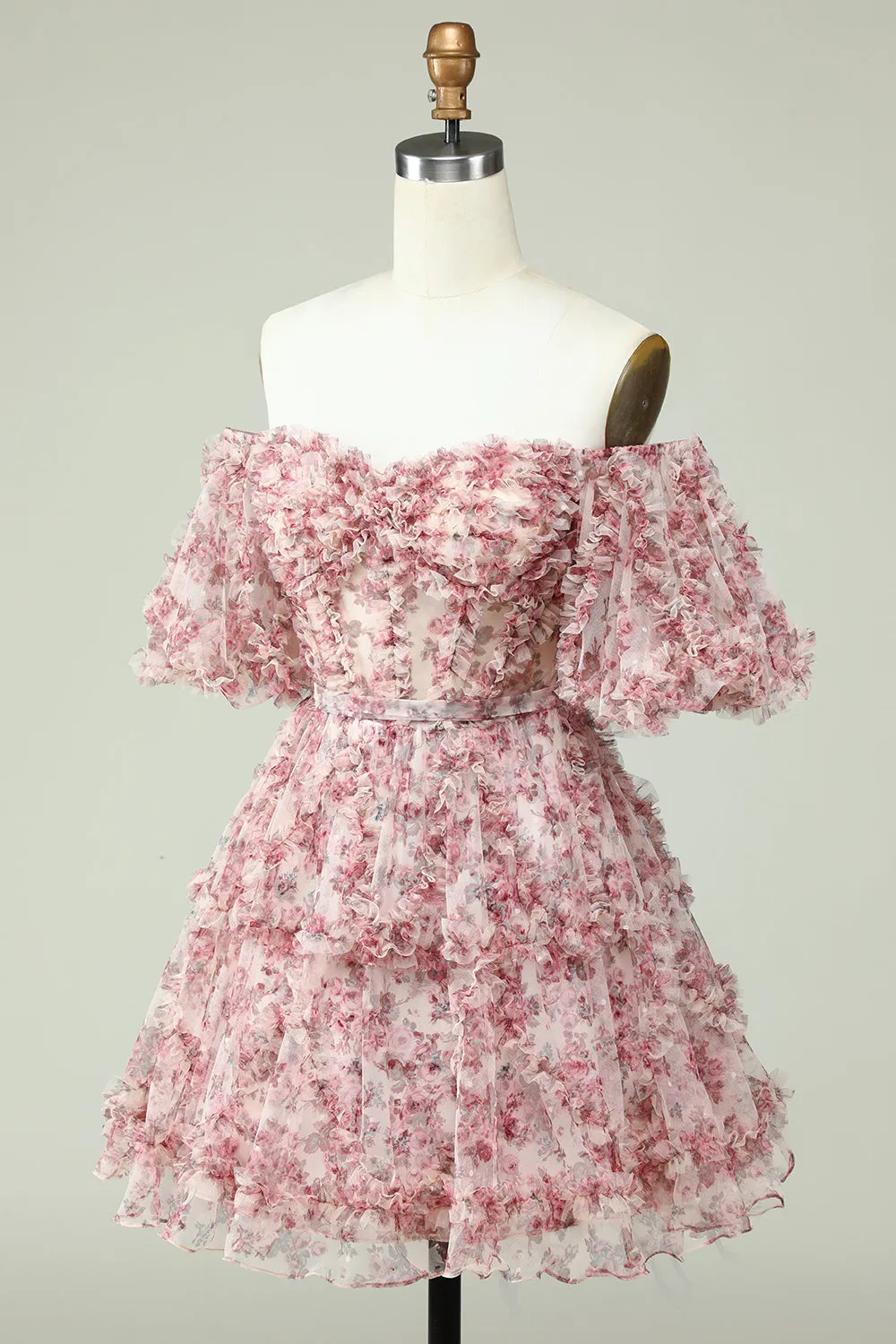 Off-the-Shoulder Floral Print Homecoming Dress