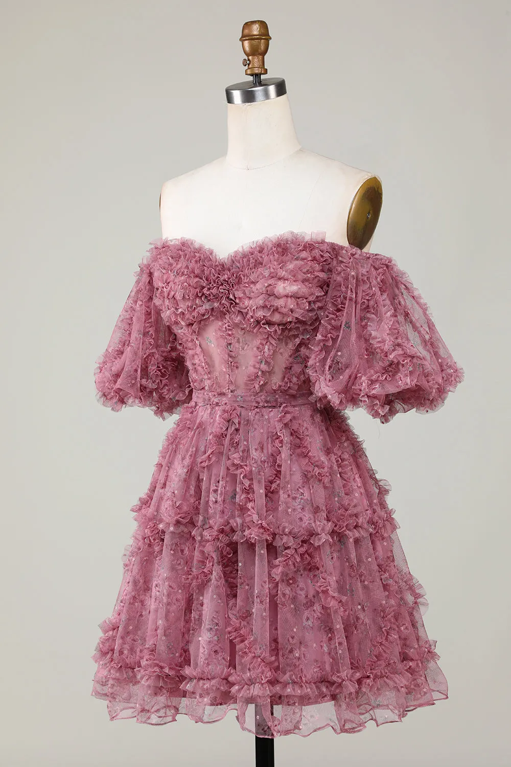 Off-the-Shoulder Floral Print Homecoming Dress