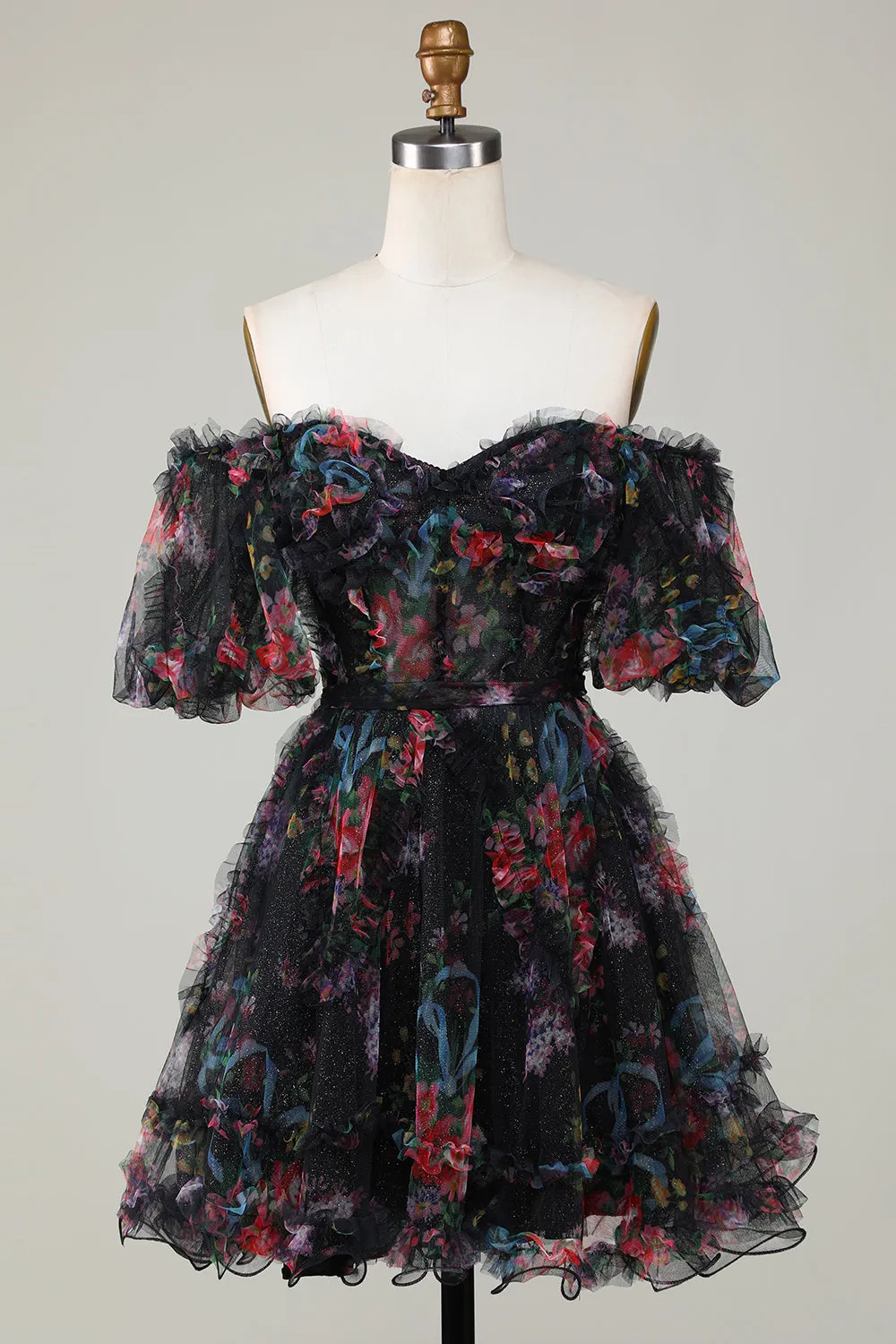 Off-the-Shoulder Floral Print Homecoming Dress