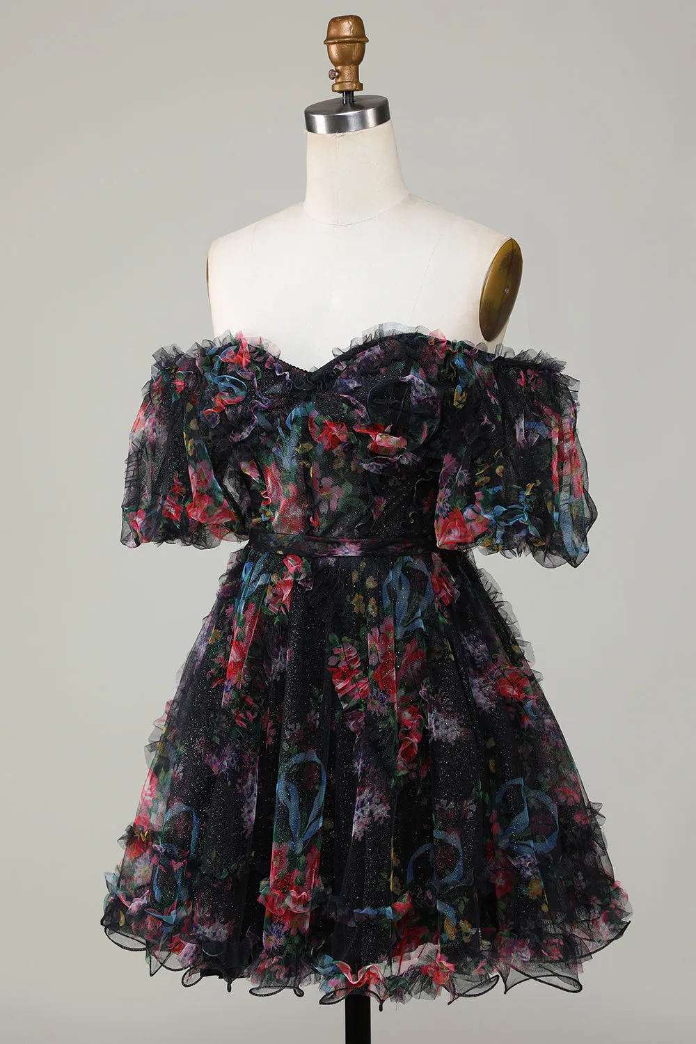 Off-the-Shoulder Floral Print Homecoming Dress