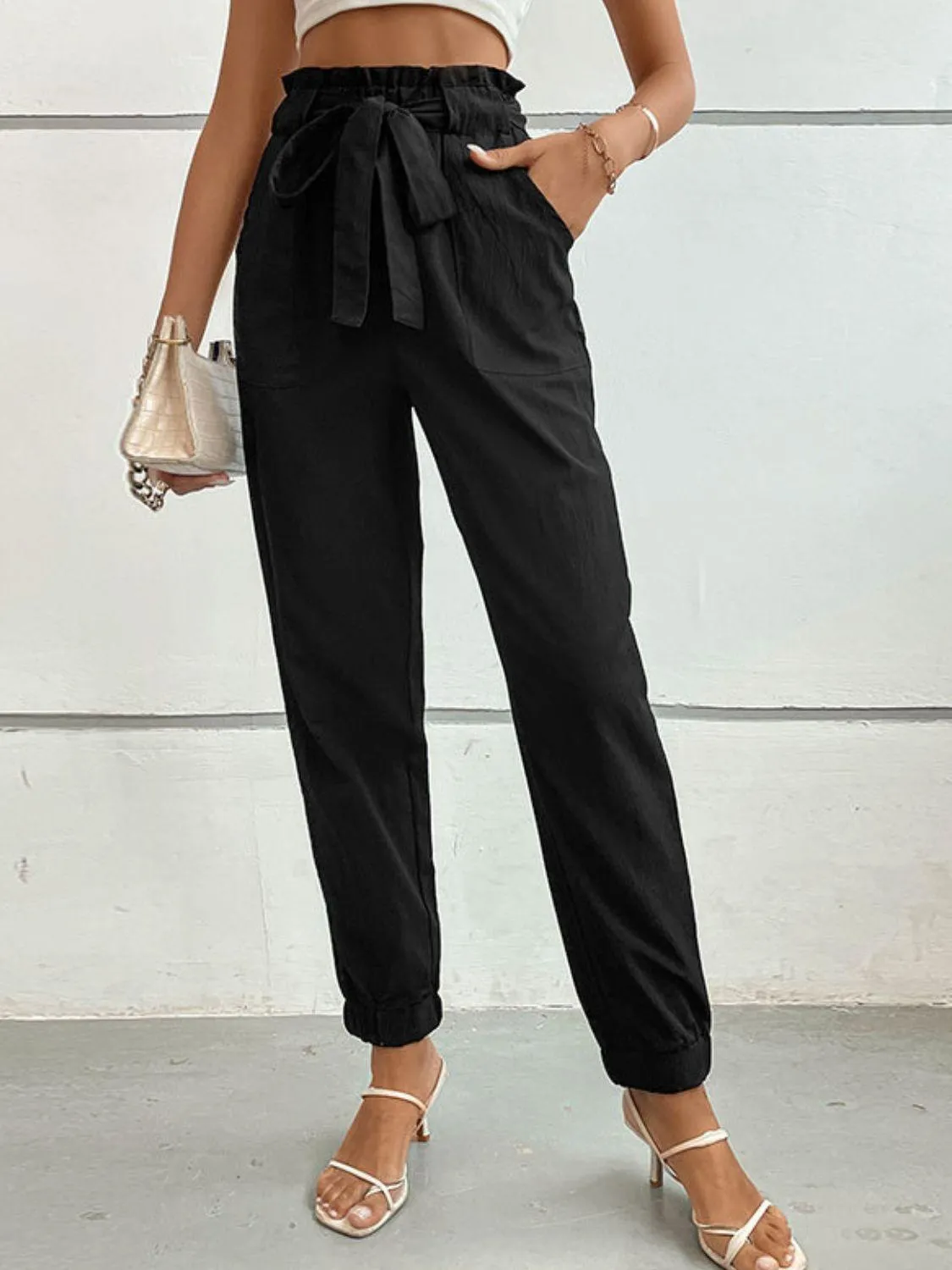 On The Go Tie Front Black Tapered Leg Pants