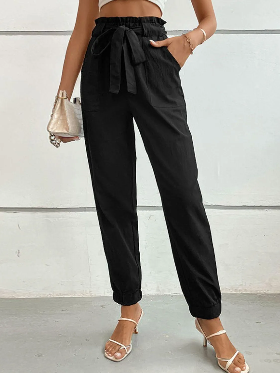 On The Go Tie Front Black Tapered Leg Pants
