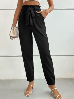 On The Go Tie Front Black Tapered Leg Pants
