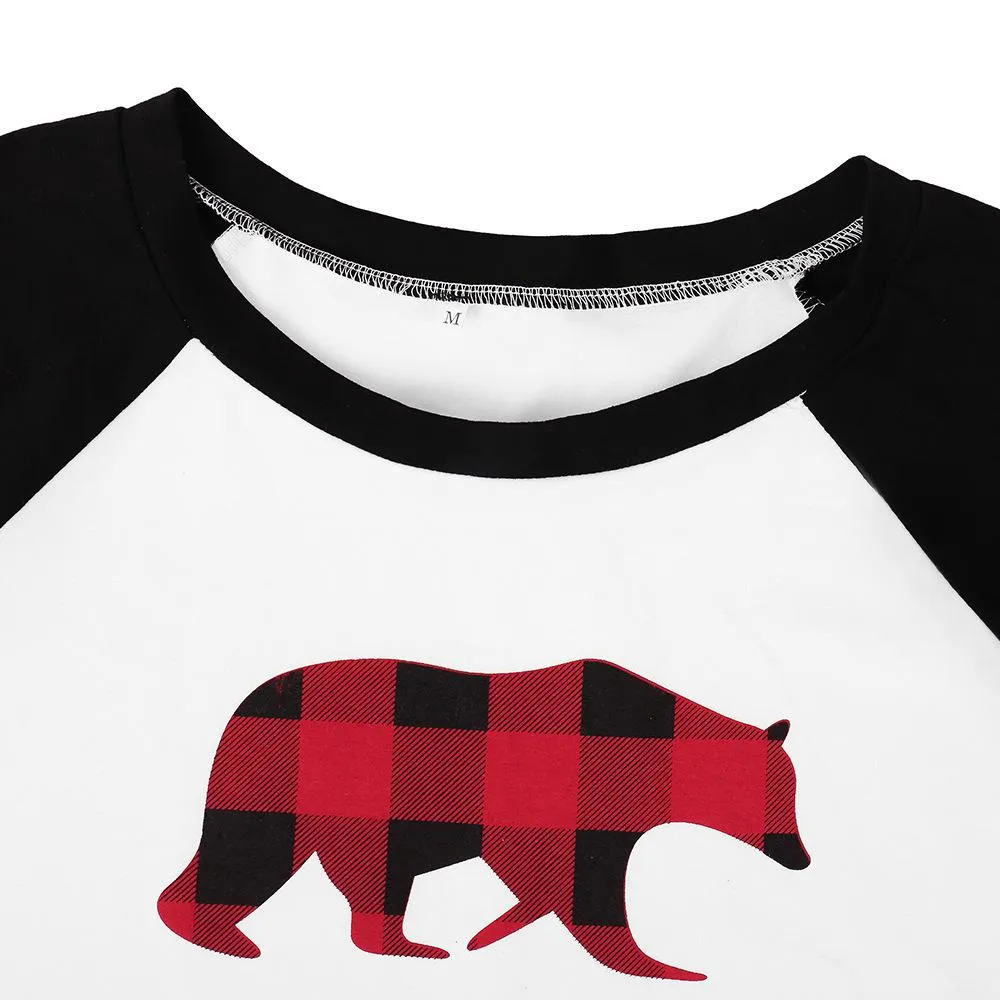 Parent-Child Plaid Letter Bear T-shirt & Pants Mommy And Me Wholesale Clothing