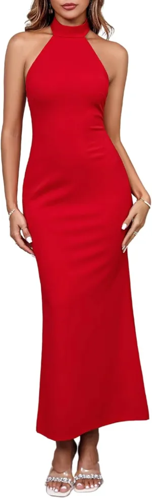 Parthea Women's Elegant Sleeveless Halter Neck Formal Bodycon Wedding Guest Evening Party Maxi Dress