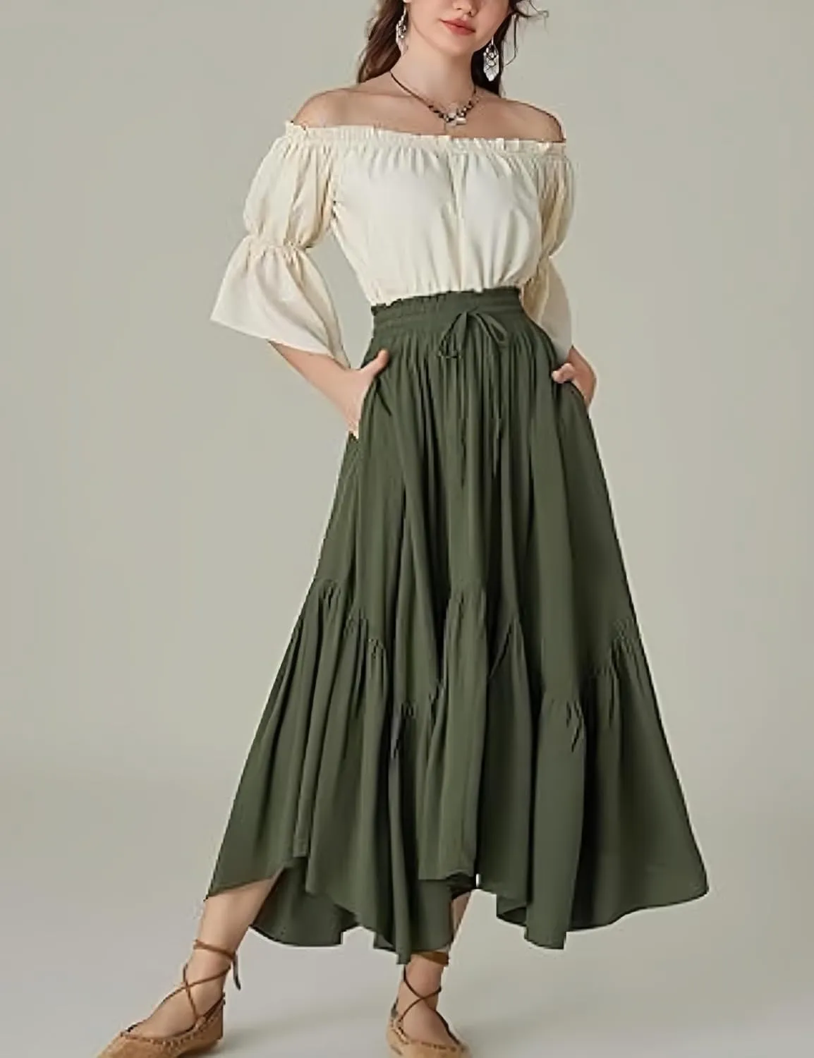 Perbai Women's High Waisted Renaissance Skirt Tiered Ruffled A Line Pleated Swing Summer Beach Long Skirts