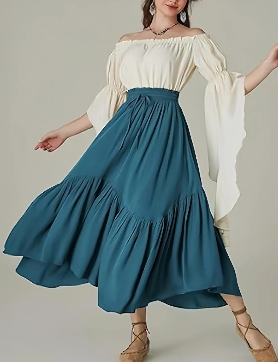 Perbai Women's High Waisted Renaissance Skirt Tiered Ruffled A Line Pleated Swing Summer Beach Long Skirts