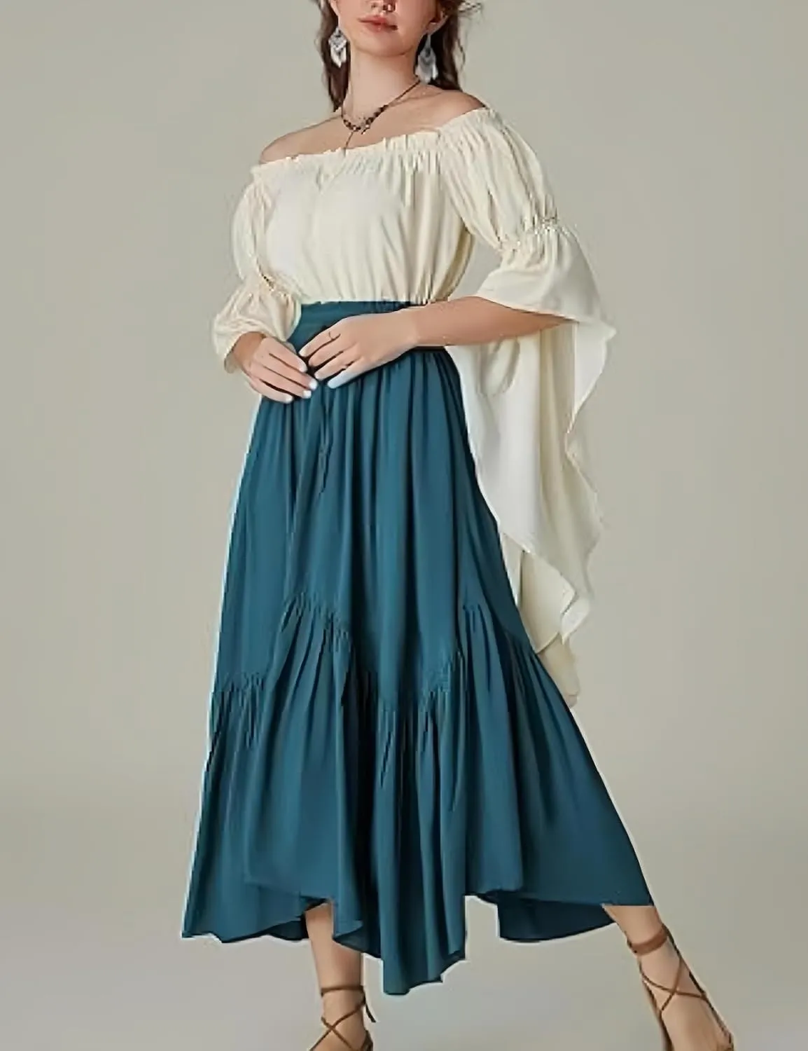 Perbai Women's High Waisted Renaissance Skirt Tiered Ruffled A Line Pleated Swing Summer Beach Long Skirts