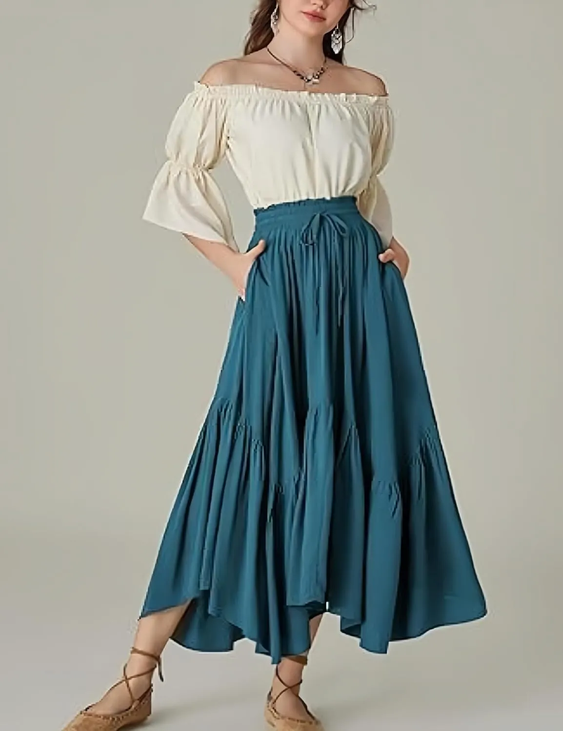 Perbai Women's High Waisted Renaissance Skirt Tiered Ruffled A Line Pleated Swing Summer Beach Long Skirts
