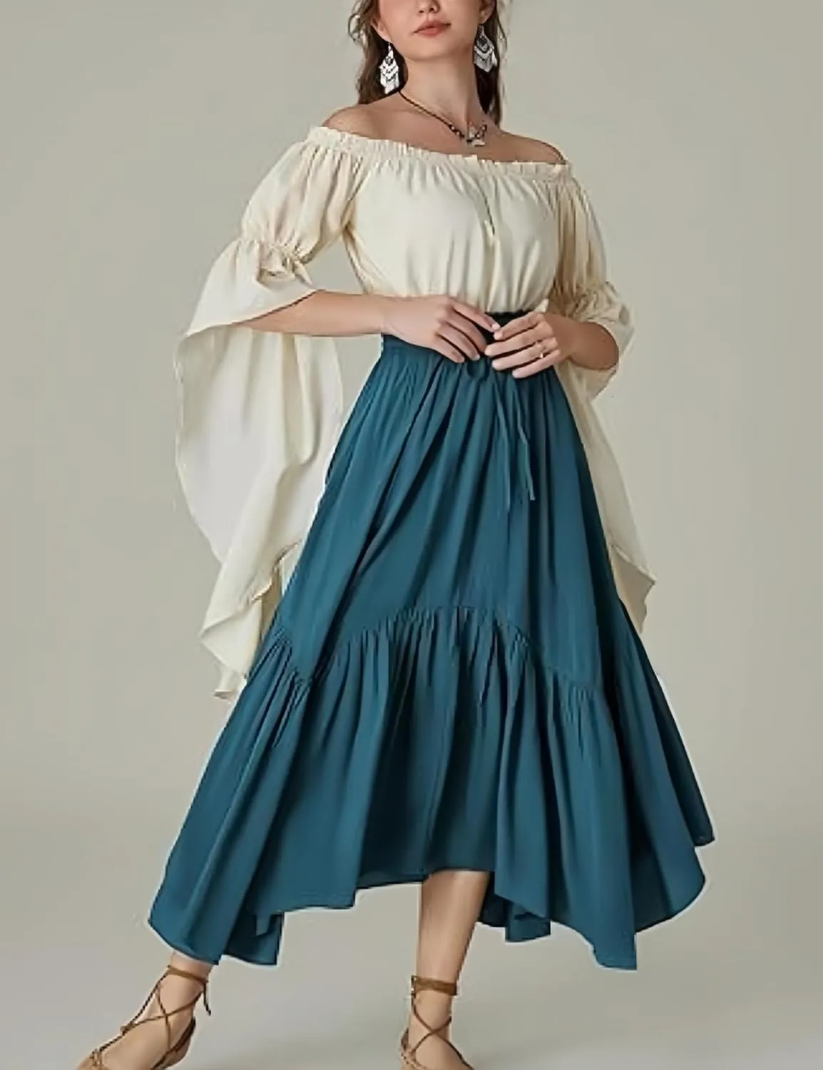 Perbai Women's High Waisted Renaissance Skirt Tiered Ruffled A Line Pleated Swing Summer Beach Long Skirts