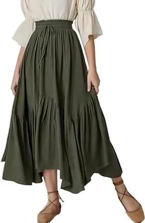 Perbai Women's High Waisted Renaissance Skirt Tiered Ruffled A Line Pleated Swing Summer Beach Long Skirts