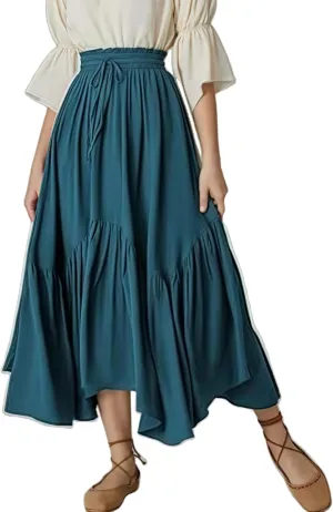 Perbai Women's High Waisted Renaissance Skirt Tiered Ruffled A Line Pleated Swing Summer Beach Long Skirts