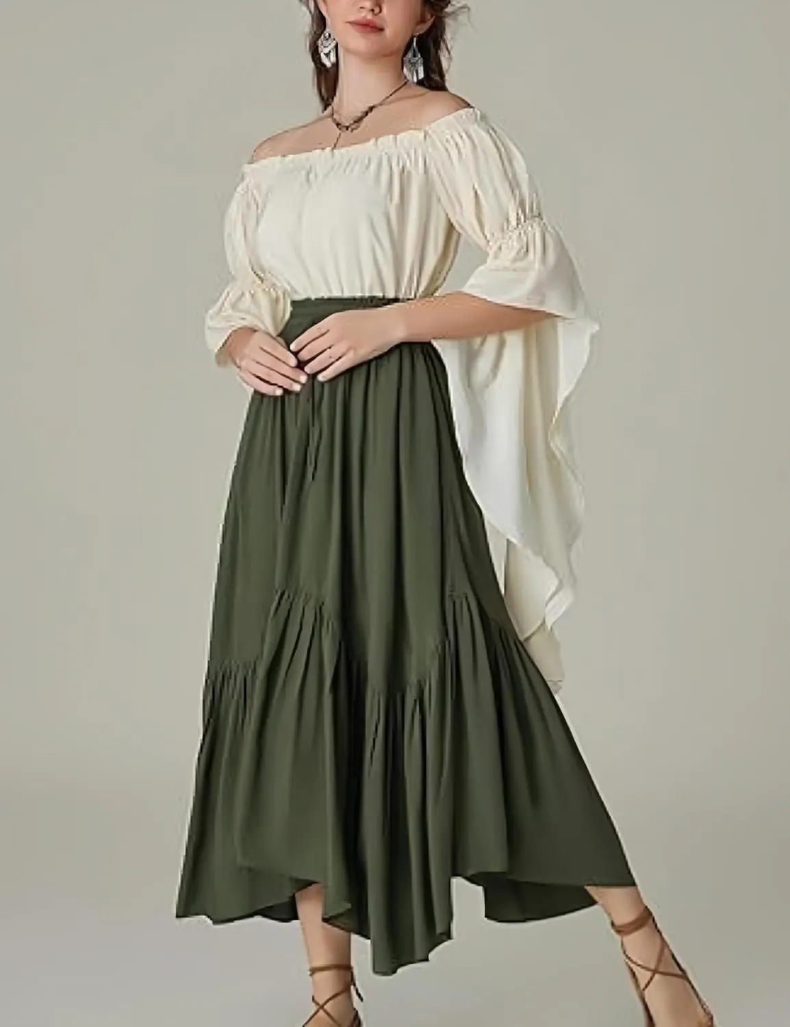 Perbai Women's High Waisted Renaissance Skirt Tiered Ruffled A Line Pleated Swing Summer Beach Long Skirts
