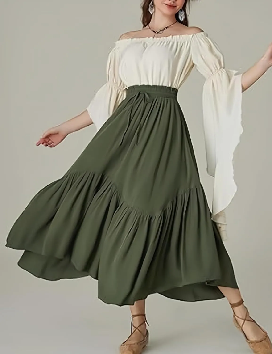 Perbai Women's High Waisted Renaissance Skirt Tiered Ruffled A Line Pleated Swing Summer Beach Long Skirts