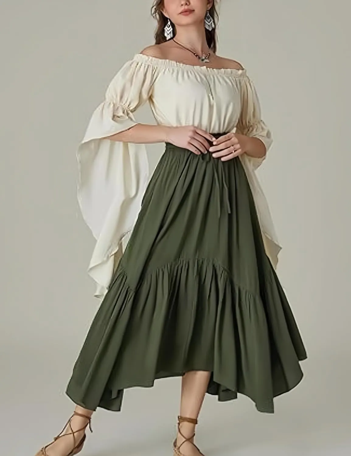 Perbai Women's High Waisted Renaissance Skirt Tiered Ruffled A Line Pleated Swing Summer Beach Long Skirts