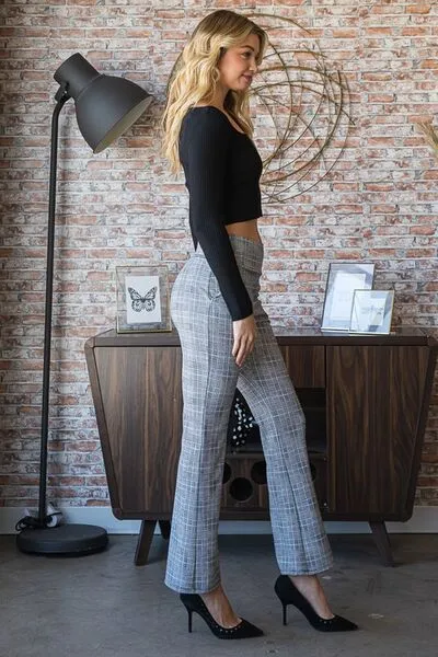 Plaid Flare Pants with Wide Waistband