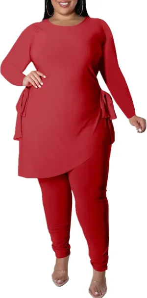 Plus Size 2 Piece Outfits for Women Pants Sets Sexy Elegant Long Sleeve Split Shirt Bodycon Casual tracksuits