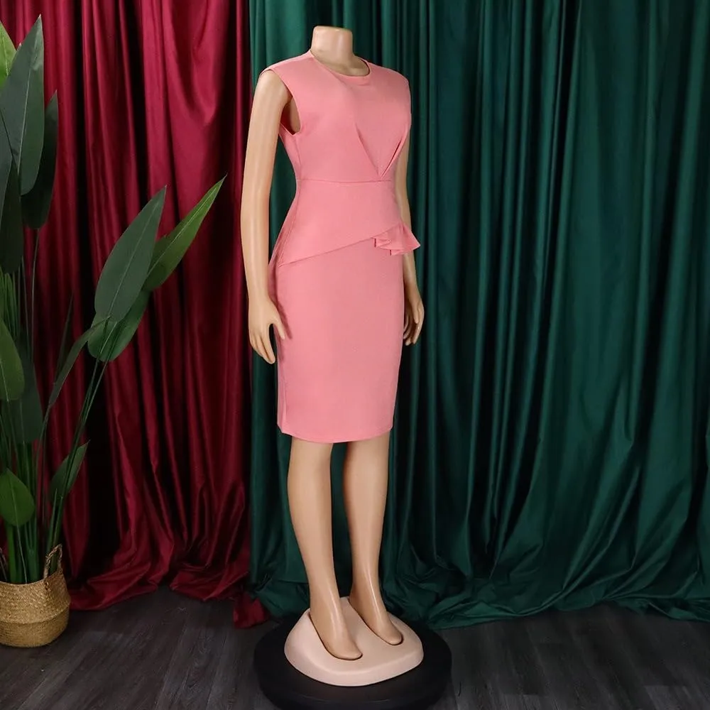 Plus Size Midi Pencil Dress for Women Elegant Ruffle Sleeve Round Neck Bodycon Cocktail Party Formal Dress