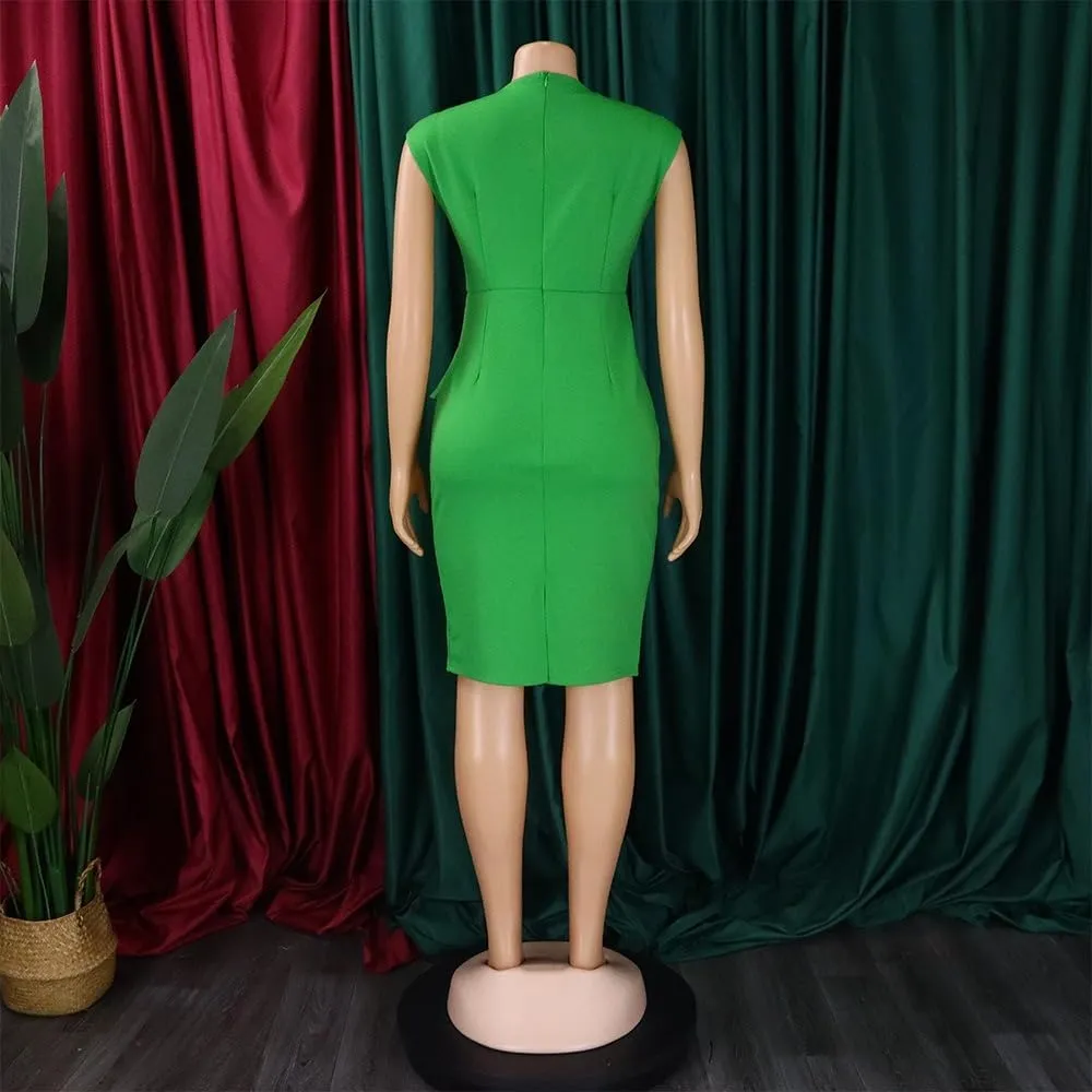 Plus Size Midi Pencil Dress for Women Elegant Ruffle Sleeve Round Neck Bodycon Cocktail Party Formal Dress