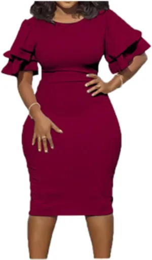 Plus Size Midi Pencil Dress for Women Elegant Ruffle Sleeve Round Neck Bodycon Cocktail Party Formal Dress