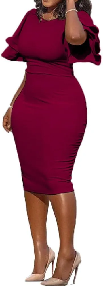 Plus Size Midi Pencil Dress for Women Elegant Ruffle Sleeve Round Neck Bodycon Cocktail Party Formal Dress