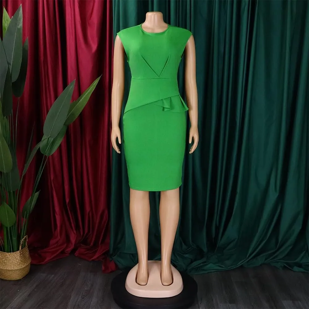 Plus Size Midi Pencil Dress for Women Elegant Ruffle Sleeve Round Neck Bodycon Cocktail Party Formal Dress