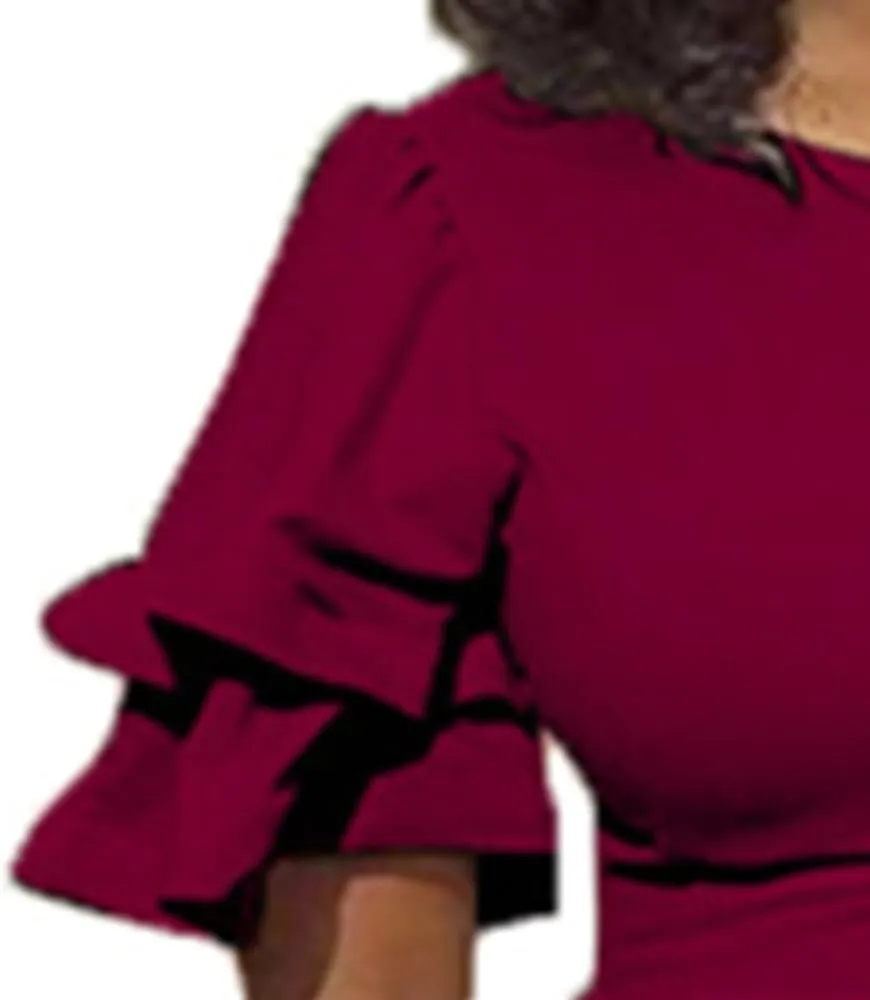 Plus Size Midi Pencil Dress for Women Elegant Ruffle Sleeve Round Neck Bodycon Cocktail Party Formal Dress
