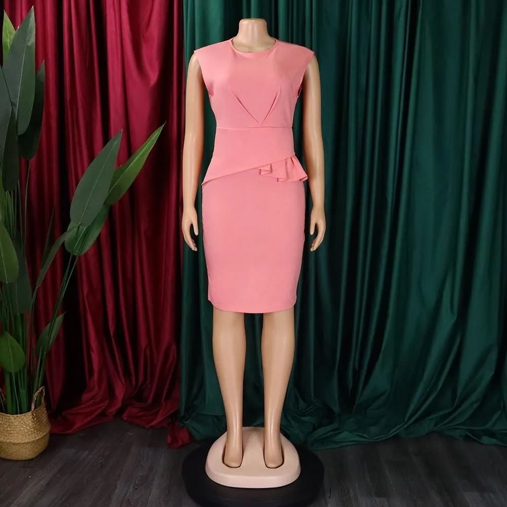 Plus Size Midi Pencil Dress for Women Elegant Ruffle Sleeve Round Neck Bodycon Cocktail Party Formal Dress