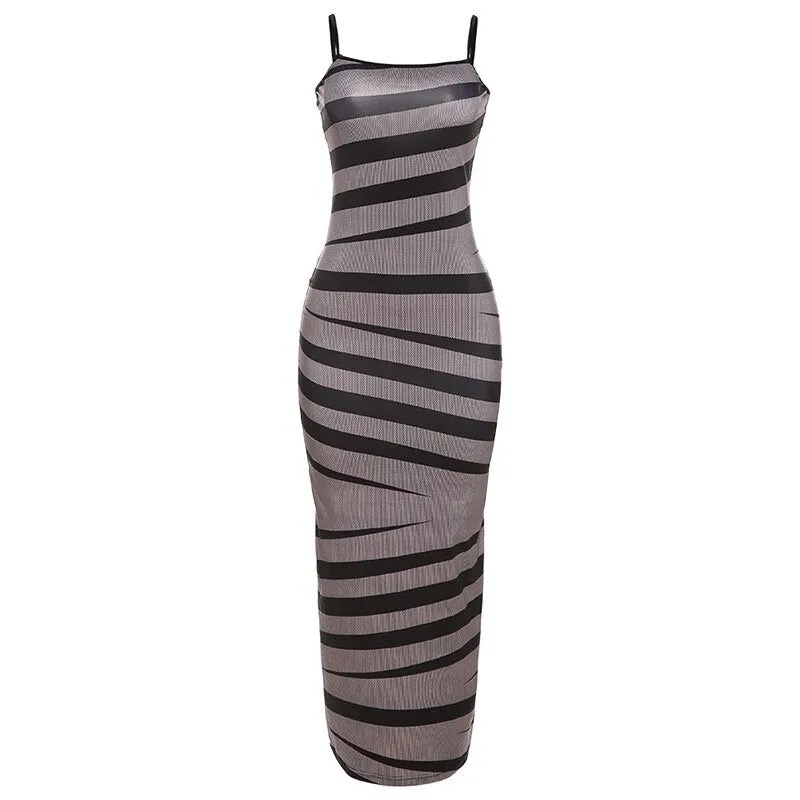 printing Stripes Spaghetti Strap Maxi Dress Women Elegant Wrapped Chest Body-shaping Dresses Trendy Female Outfit Street