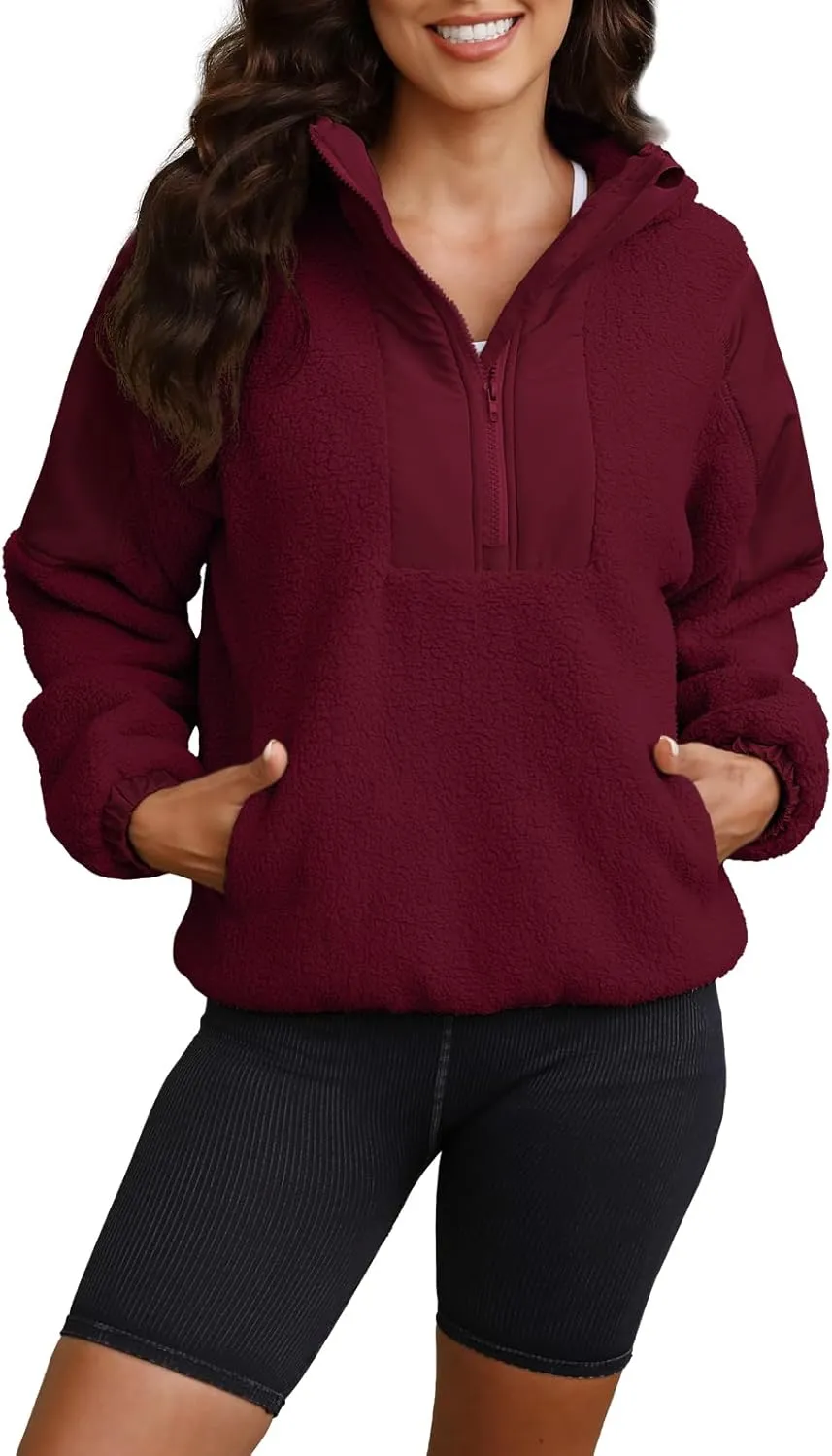 ReachMe Womens Fleece Hoodie Oversized Sherpa Jacket with Pockets Half Zip Sweatshirt Fuzzy Pullover Coats