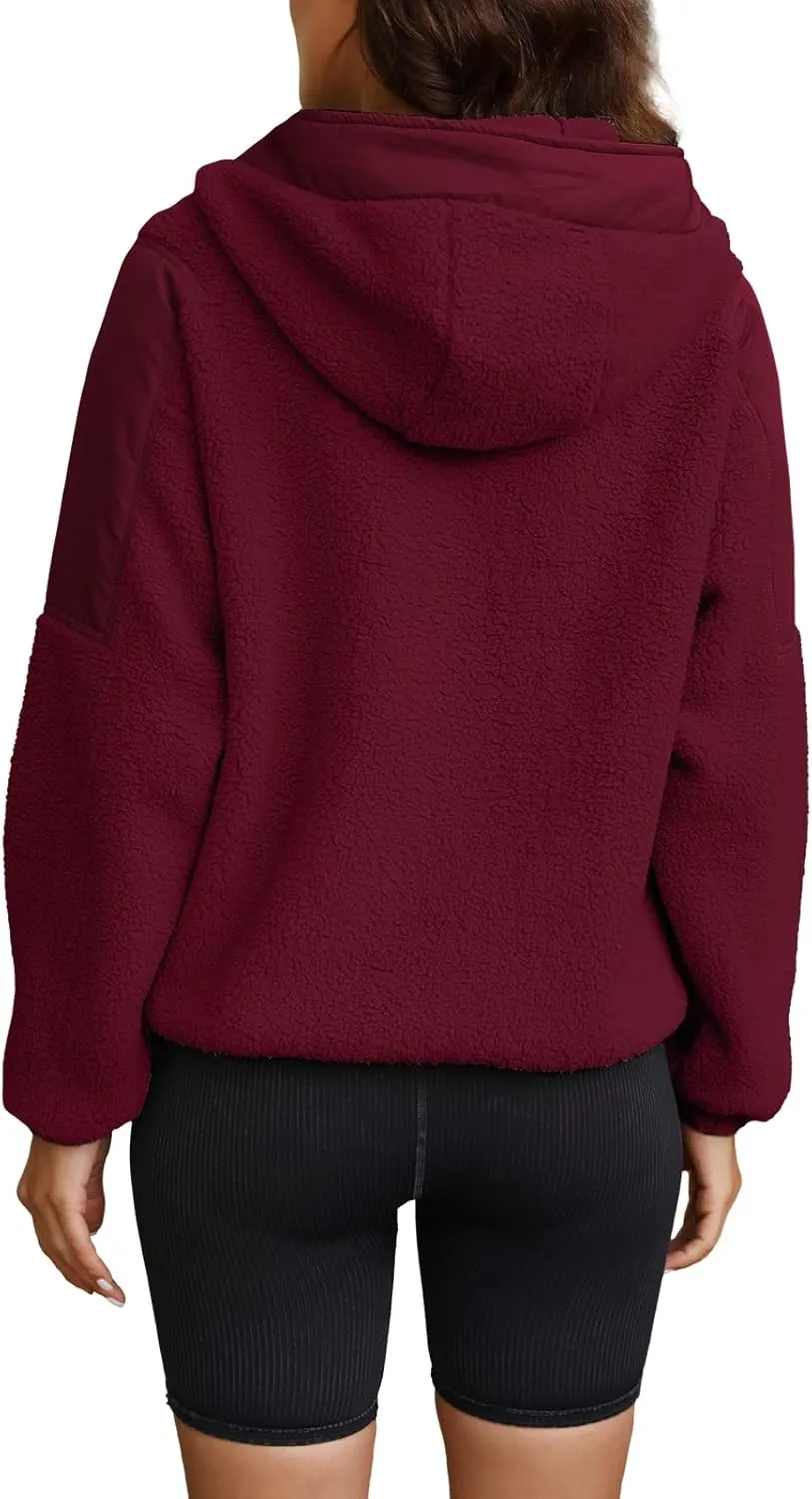 ReachMe Womens Fleece Hoodie Oversized Sherpa Jacket with Pockets Half Zip Sweatshirt Fuzzy Pullover Coats